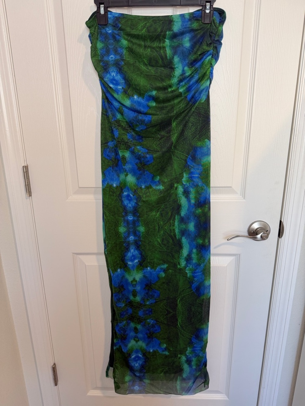 Women’s Strapless Green & Blue Tie-Dye Maxi Dress slit on one side NWT